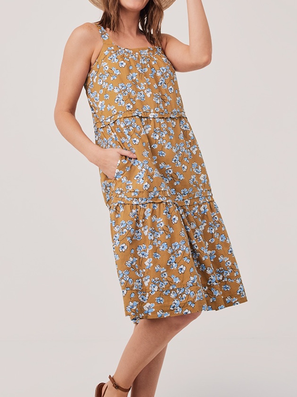 Pact Mustard Yellow Floral Midi Dress with Light Blue Flowers